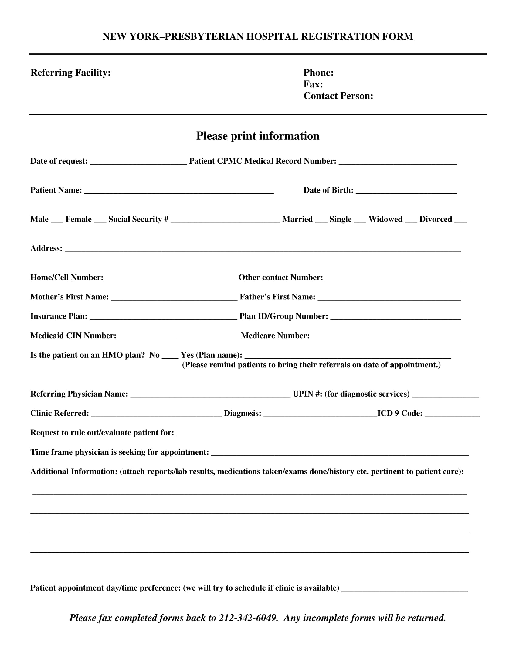 sample hospital admission form